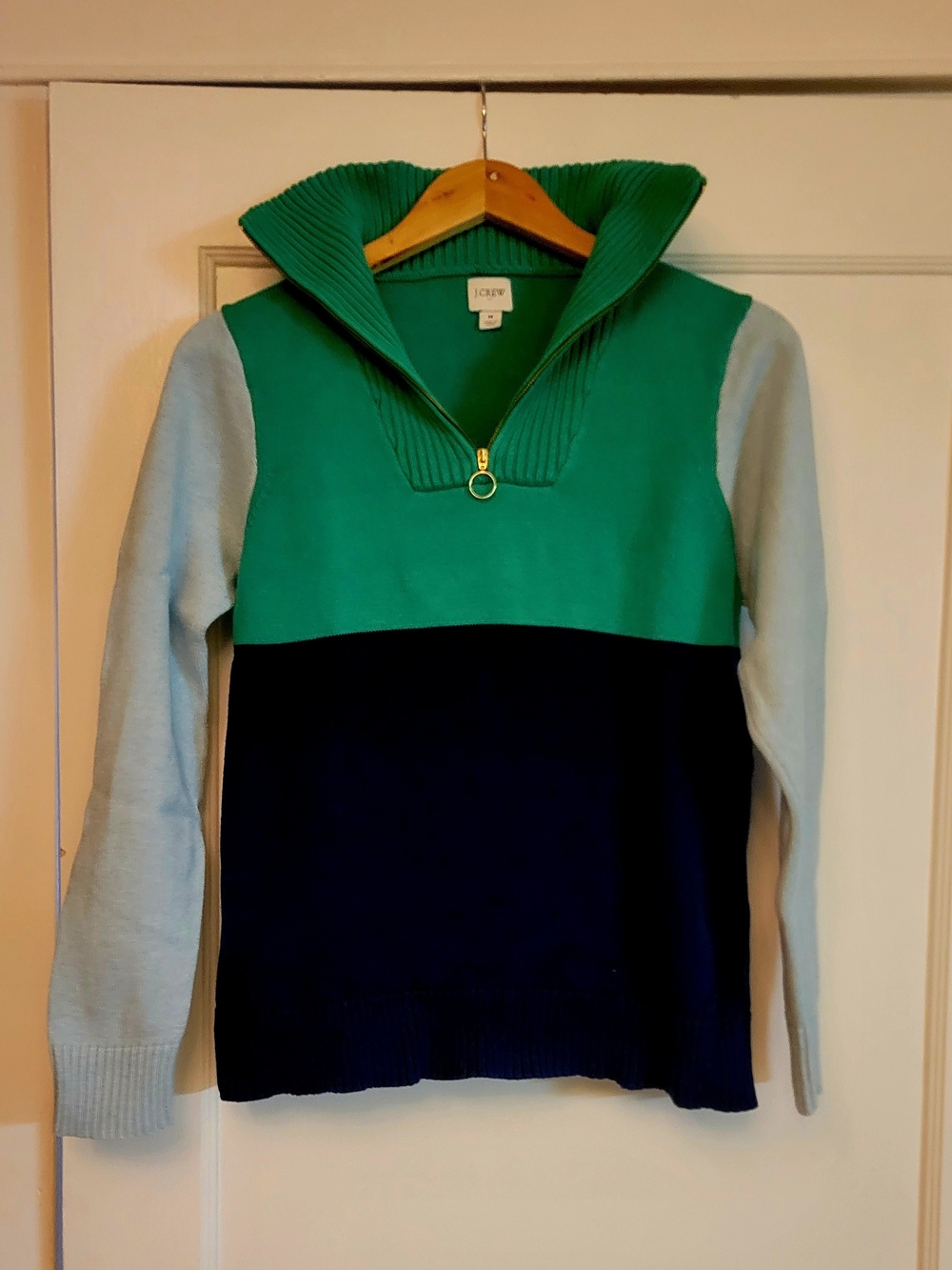 J. Crew Colorblock Quarter-Zip Sweater in Green, Navy & Baby Blue